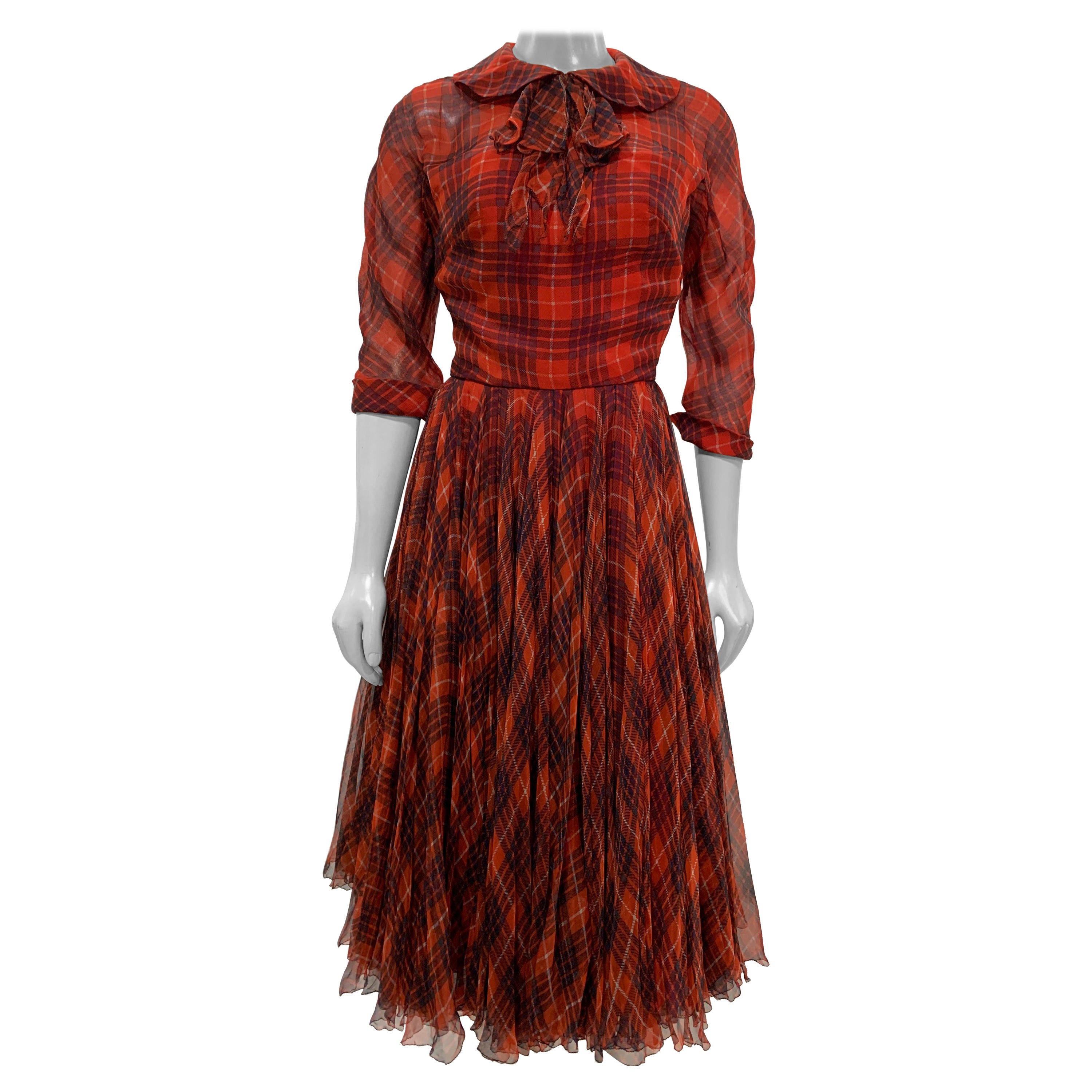 1950 James Galanos Red & Black Plaid Silk Chiffon Dress w/ Structured Under-Bust For Sale