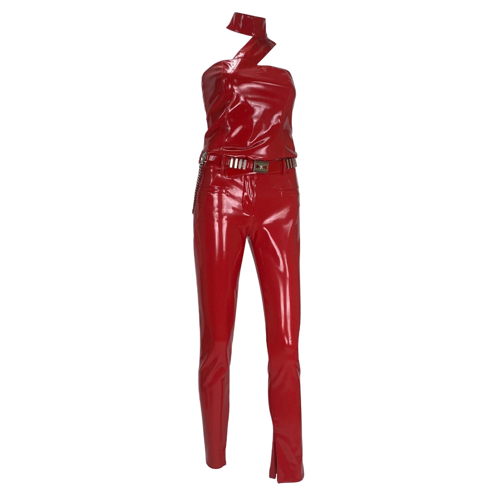 F/W13 Versace Red Japanese Vinyl Slim Pants with Top and Belt IT Size 38 For Sale