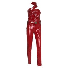 Used F/W13 Versace Red Japanese Vinyl Slim Pants with Top and Belt IT Size 38