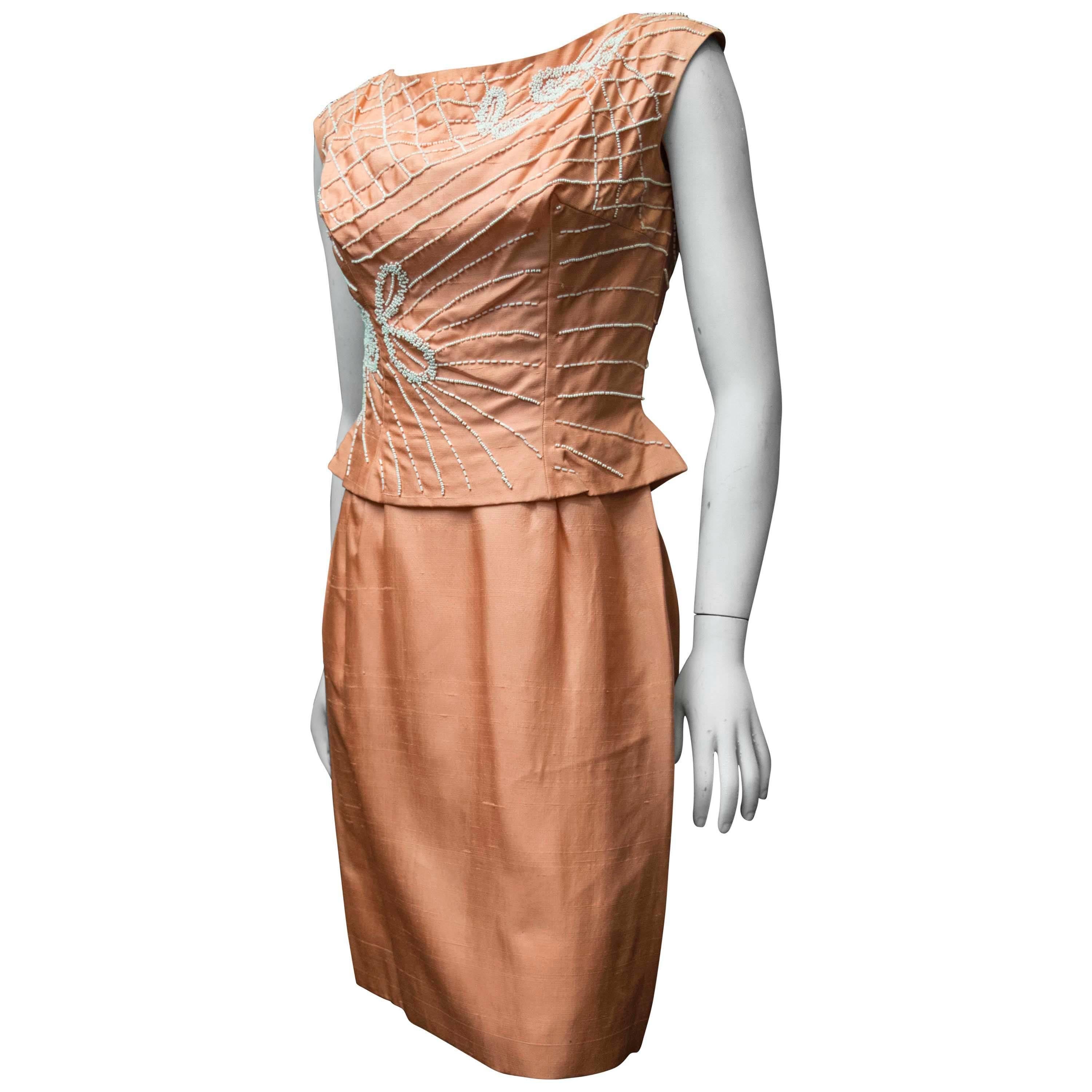 1950s Salmon Pink Beaded Cocktail Dress For Sale