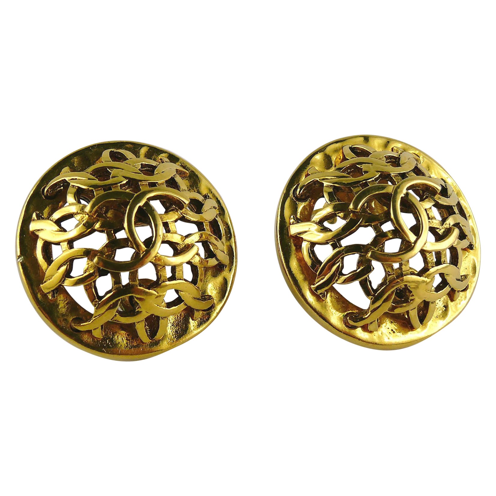 Chanel Vintage Gold Toned Openwork Domed CC Logo Clip-On Earrings For Sale