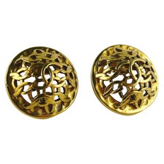 Chanel Vintage Gold Toned Openwork Domed CC Logo Clip-On Earrings