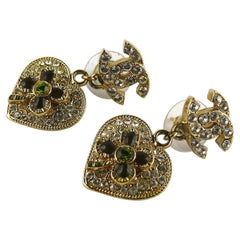 Chanel Jewelled CC Heart Clover Dangling Earrings
