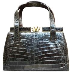 1940s Dark Brown Alligator Handbag 