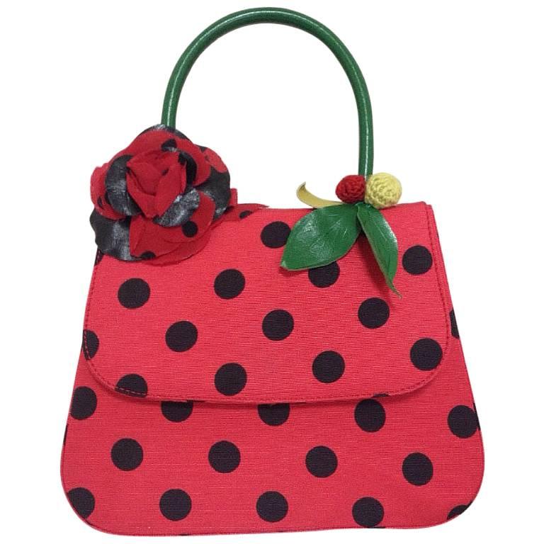 MINT Condition. Vintage MOSCHINO red and black canvas polkadot kelly handbag For Sale