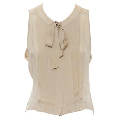 CHANEL 03P 100% silk champagne beige pleated bow tie sleeveless blouse FR42 L