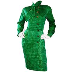 Incredible Vintage Emanuel Ungaro Kelly Green Alligator Reptile Print Silk Dress
