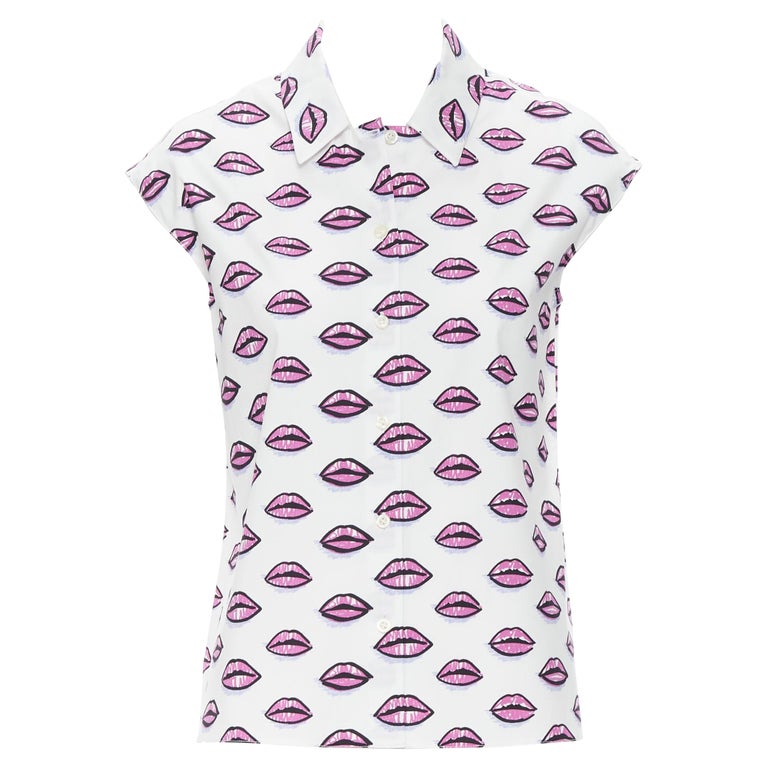 new PRADA white cotton kiss lip print sleeveless cotton shirt IT40 