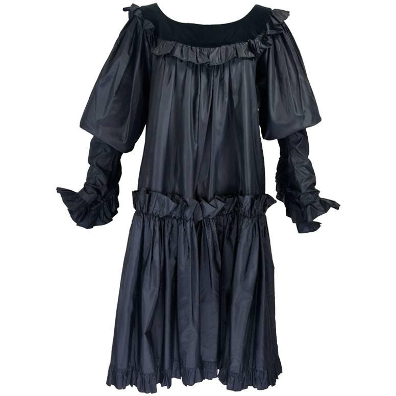 1980s Yves Saint Laurent Black Taffeta and Velvet Trapeze Peasant Dress For Sale