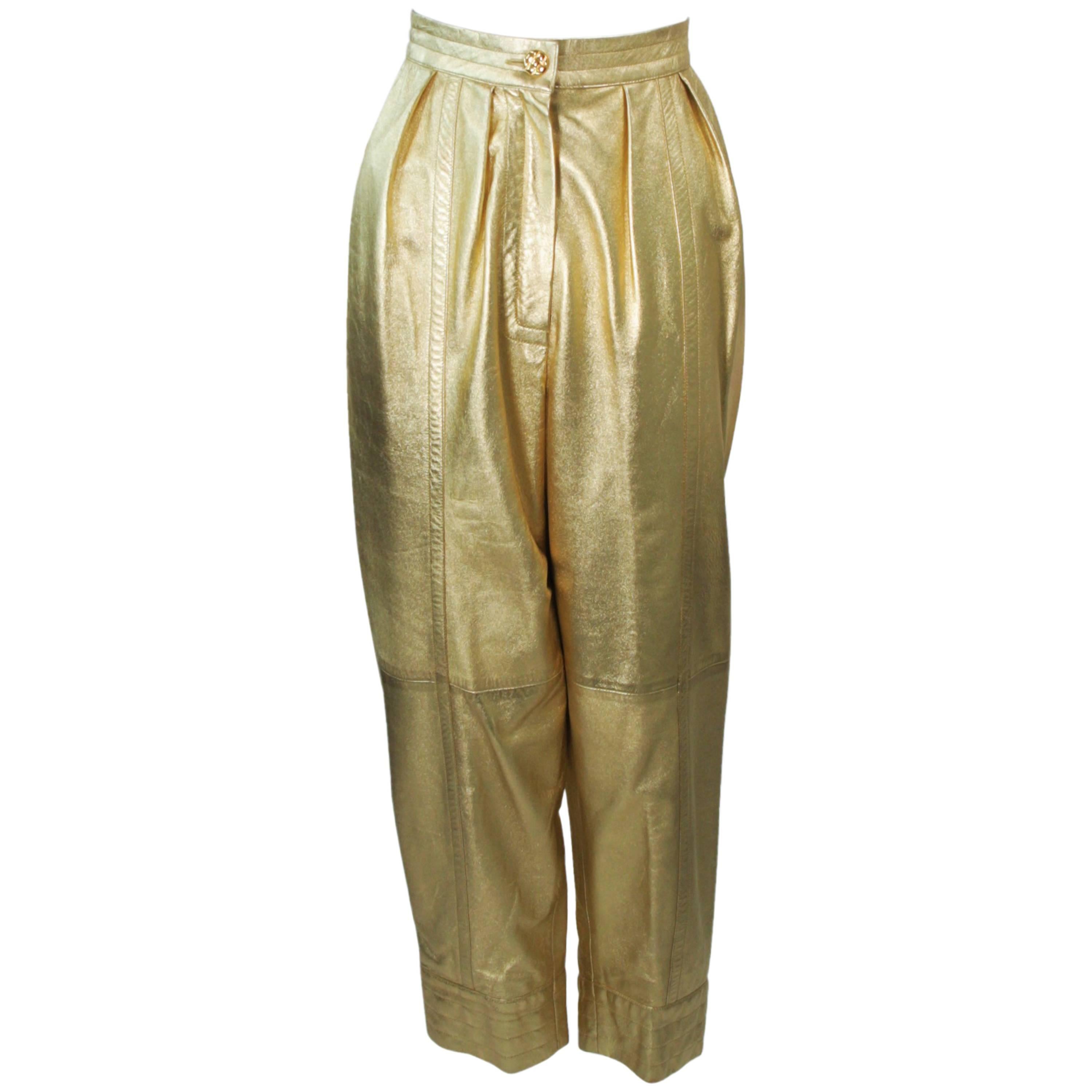 YVES SAINT LAURENT Gold Metallic Foil Leather Pleated Pants Joggers Size 38