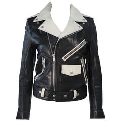 SAINT LAURENT Off White and Black Leather Moto Jacket Size 44