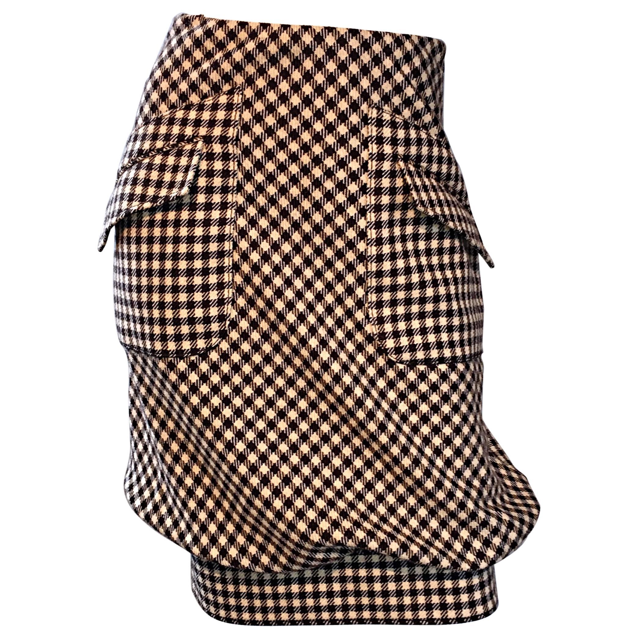 Valentino Brown Ivory Gingham Wool Bubble Hem Avant Garde Skirt w/ Pockets  For Sale