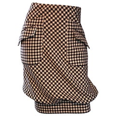 Valentino Brown Ivory Gingham Wool Bubble Hem Avant Garde Skirt w/ Pockets 
