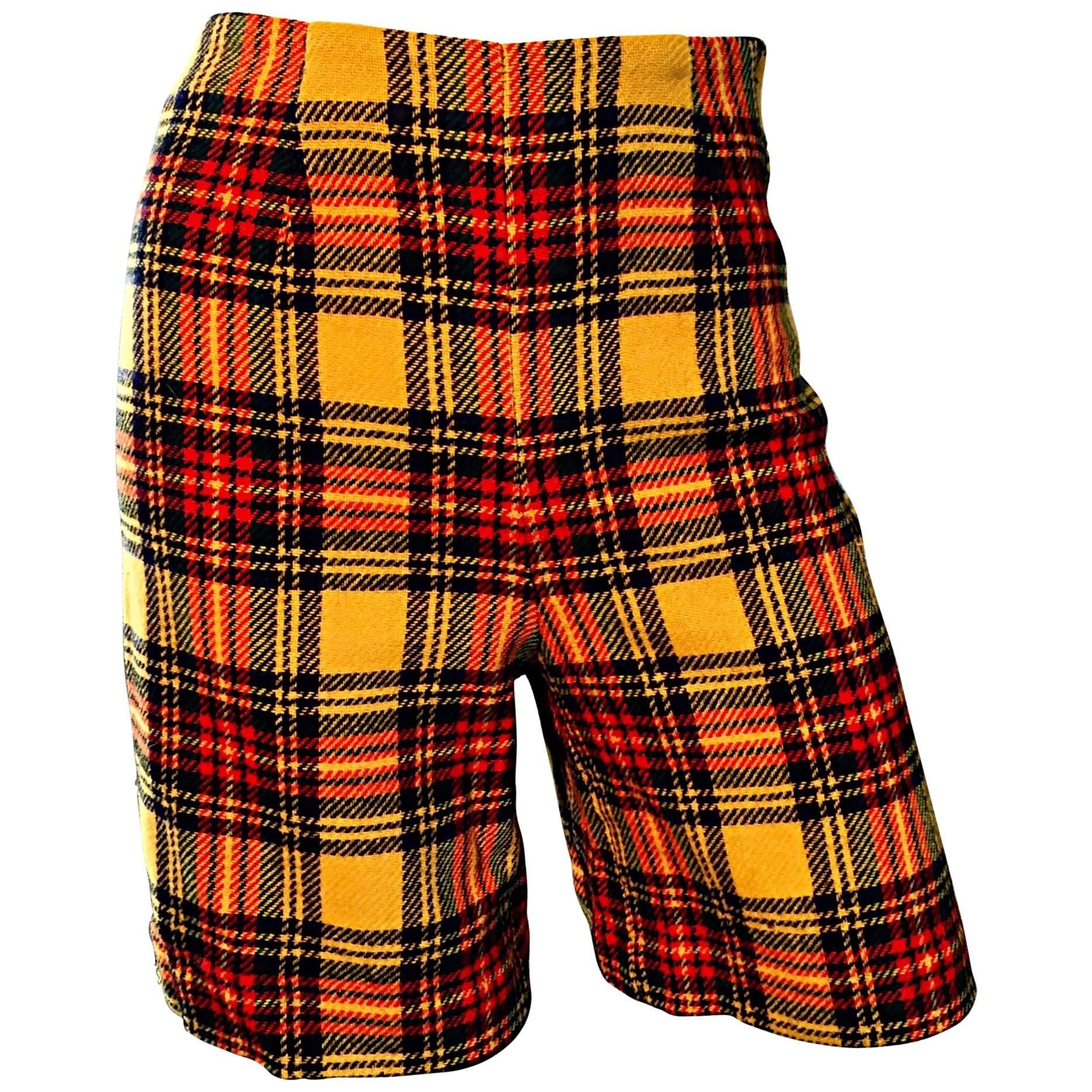1960s High Waisted Yellow + Red Tartan Plaid Vintage 60s Wool Shorts 