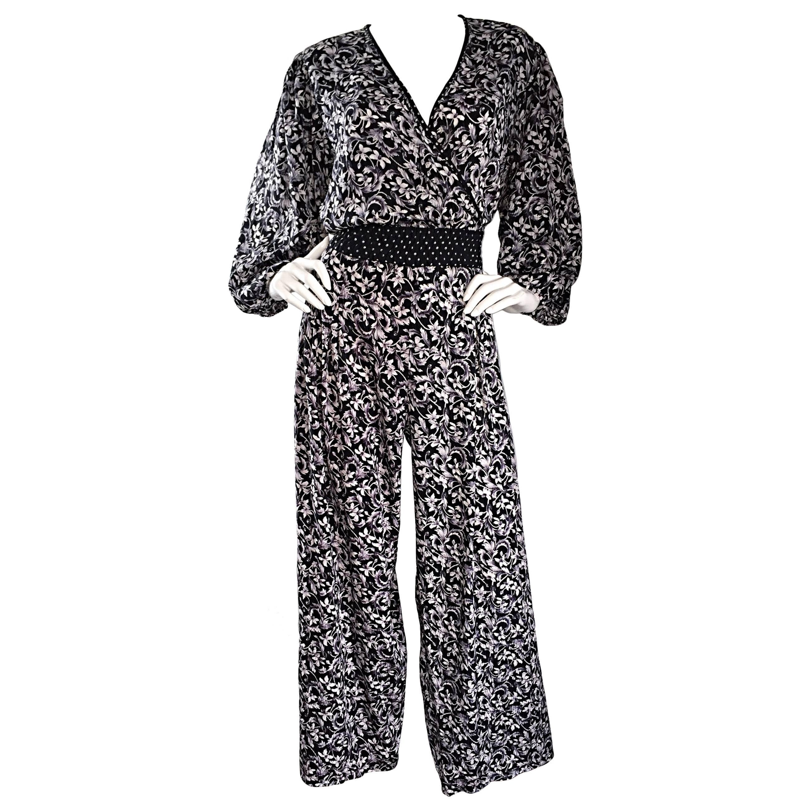 Amazing Vintage Diane Fres Black and White Boho Jumpsuit w/ Palazzo Legs