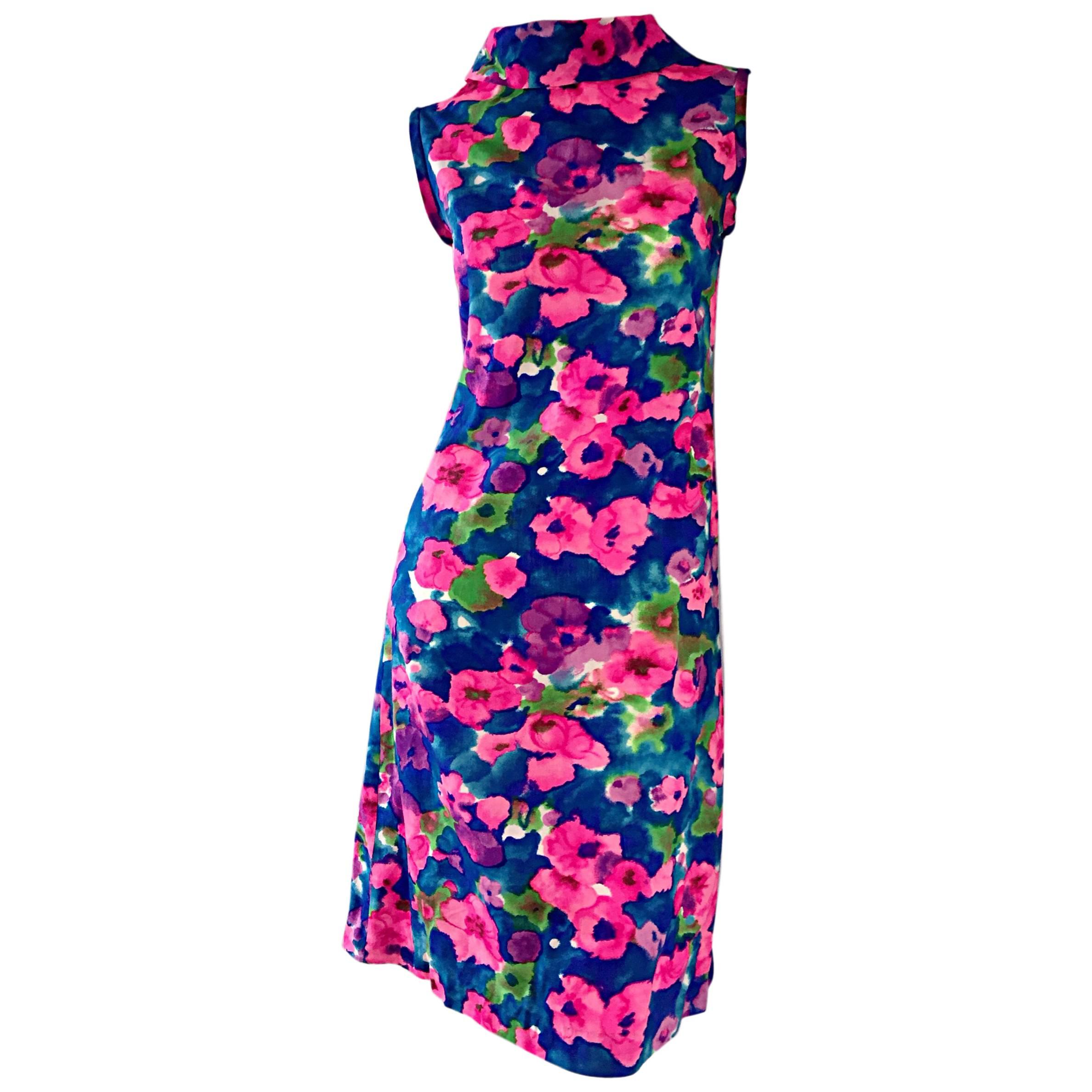 Chic Vintage 1960s Floral Watercolor Print A - Line 60s Colorful Dress For Sale
