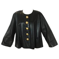 Vintage Yves Saint Laurent Black Leather Swing Jacket. 1980's.