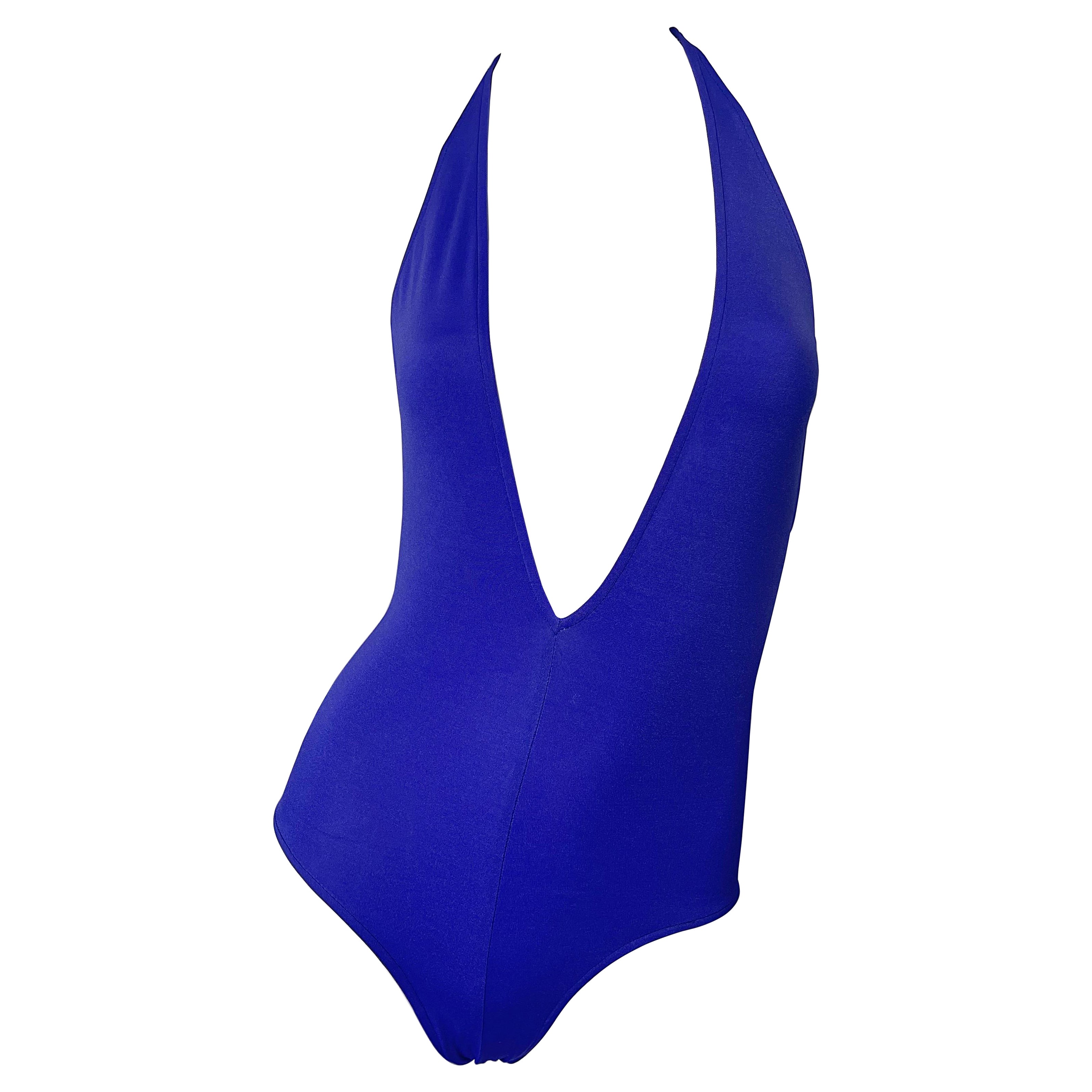 1970s Halston Purple Plunging One Piece Vintage 70s Halter Swimsuit Bodysuit For Sale