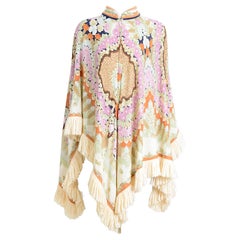 Leonard Paris vintage 1970s signed floral print silk & wool mix fringed poncho