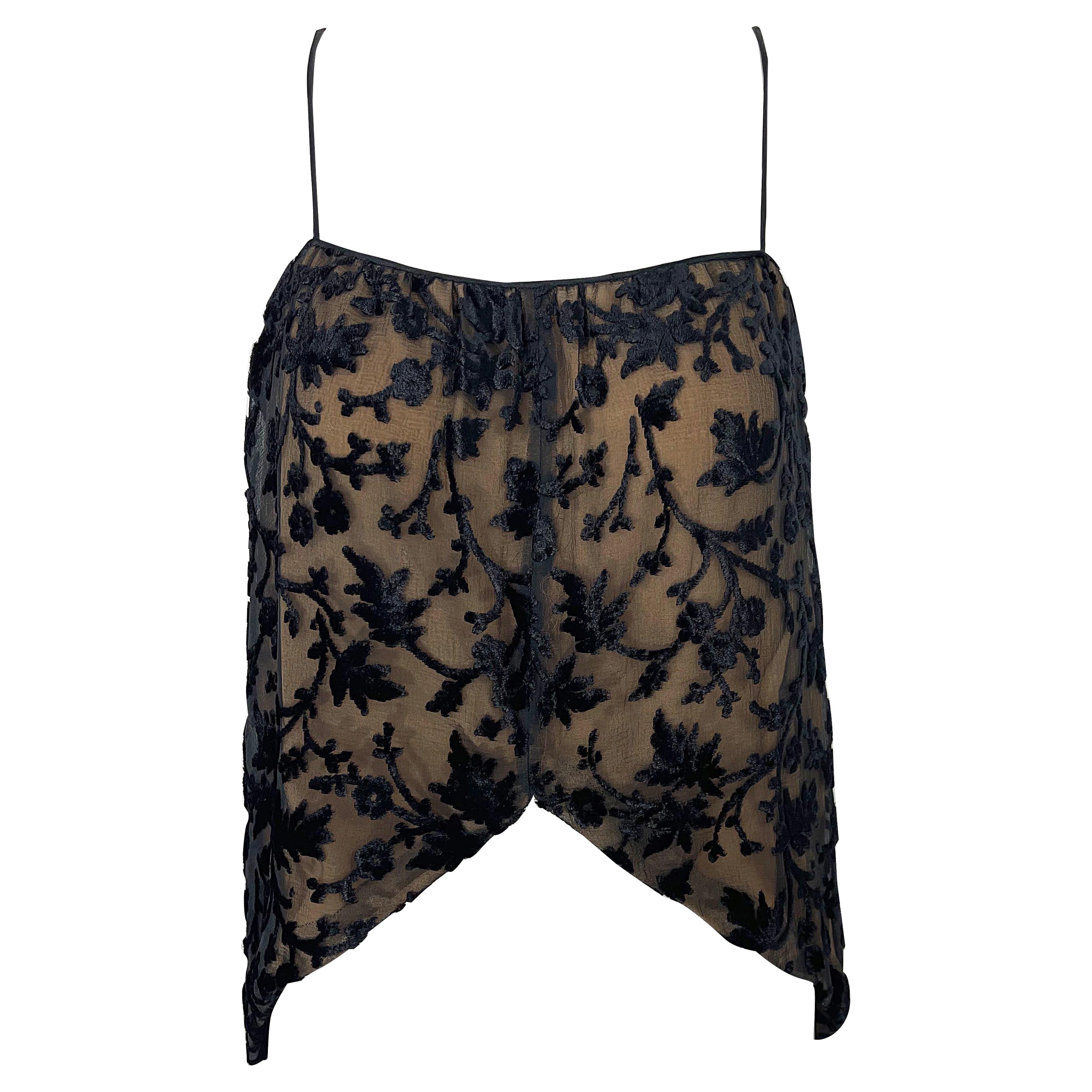 1970s Holly’s Harp Black + Nude Silk Chiffon Cut Velvet Vintage 70s Crop Top For Sale