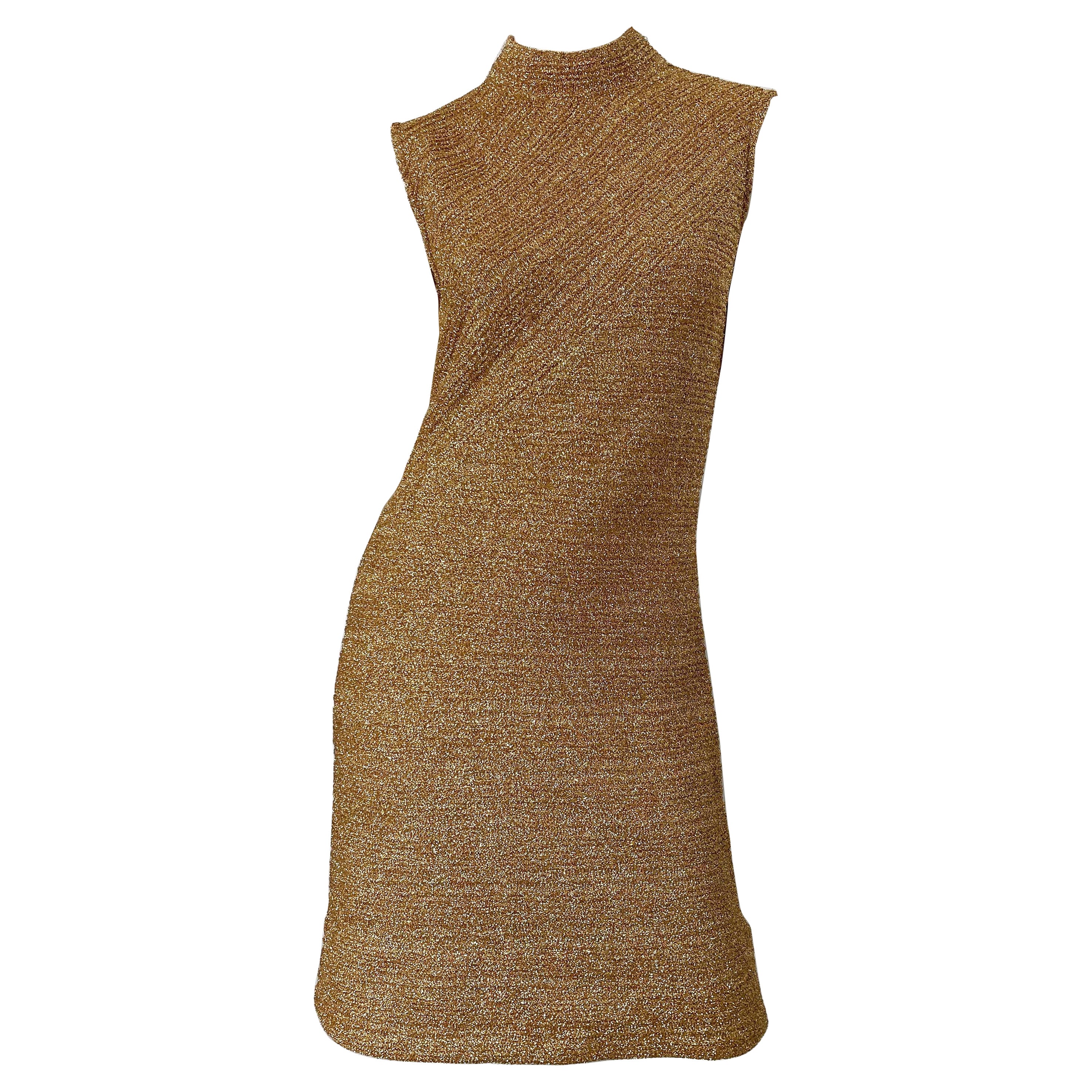 1960s Gold Metallic Cabot High Neck Sleeveless Vintage 60s Shift Dress  For Sale