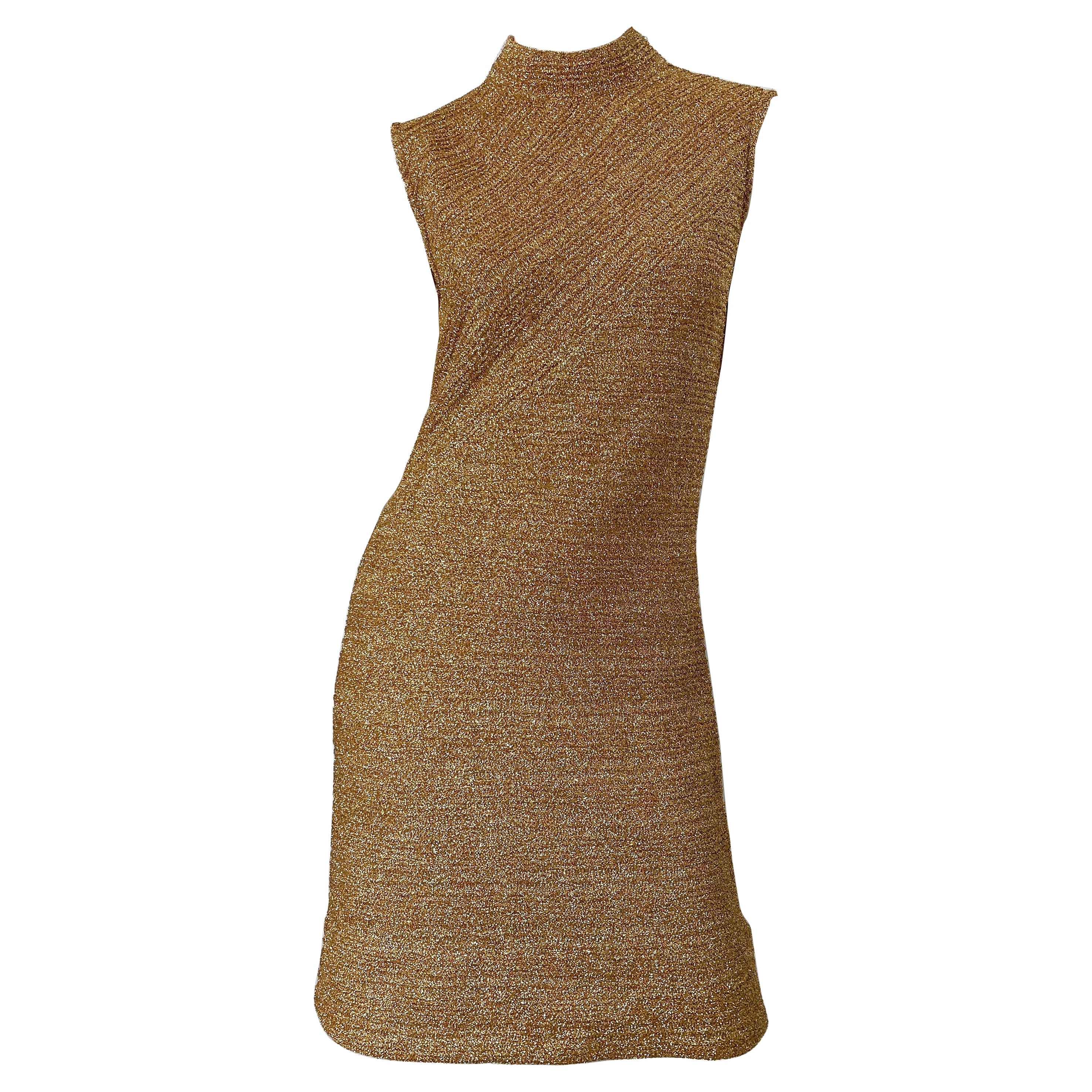 1960s Gold Metallic Cabot High Neck Sleeveless Vintage 60s Shift Dress For Sale