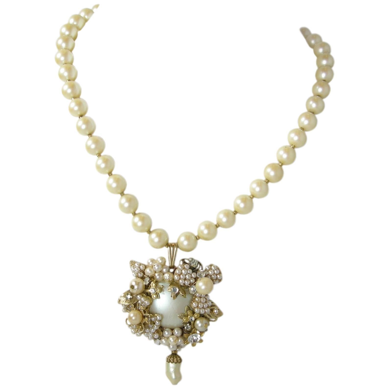 Miriam Haskell Vintage Cream Faux Pearl Pendant Necklace