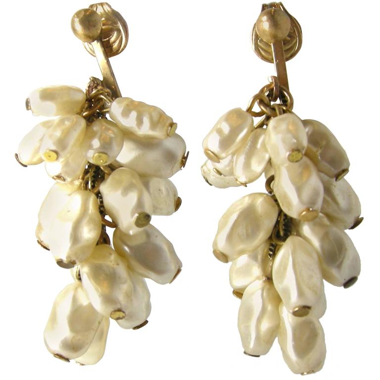 Vintage Early Miriam Haskell Multi Pearl Dangle Clip On Earrings at 1stDibs