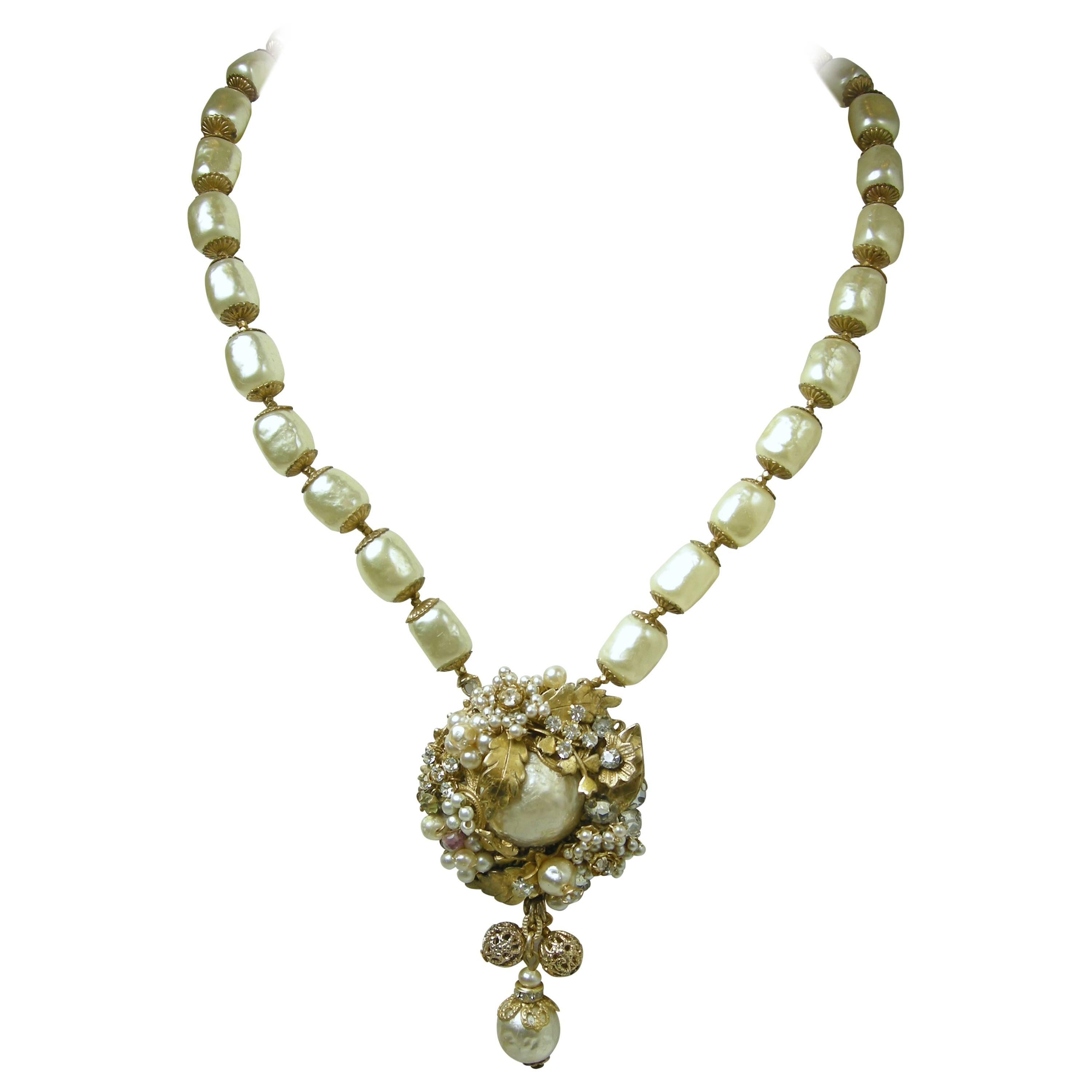 Vintage Miriam Haskell Large Sized Pearl Pendant Necklace For Sale