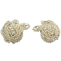 Vintage Hobe Seed Pearl And Crystal Clip Earrings