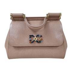 Dolce & Gabbana Beige Eidechse geprägtes Leder Kristall DG Logo Medium Miss Sizilien