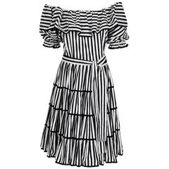 Vintage 1970's Yves Saint Laurent Black & White Stripe Cotton Off-Shoulder Belted Dress