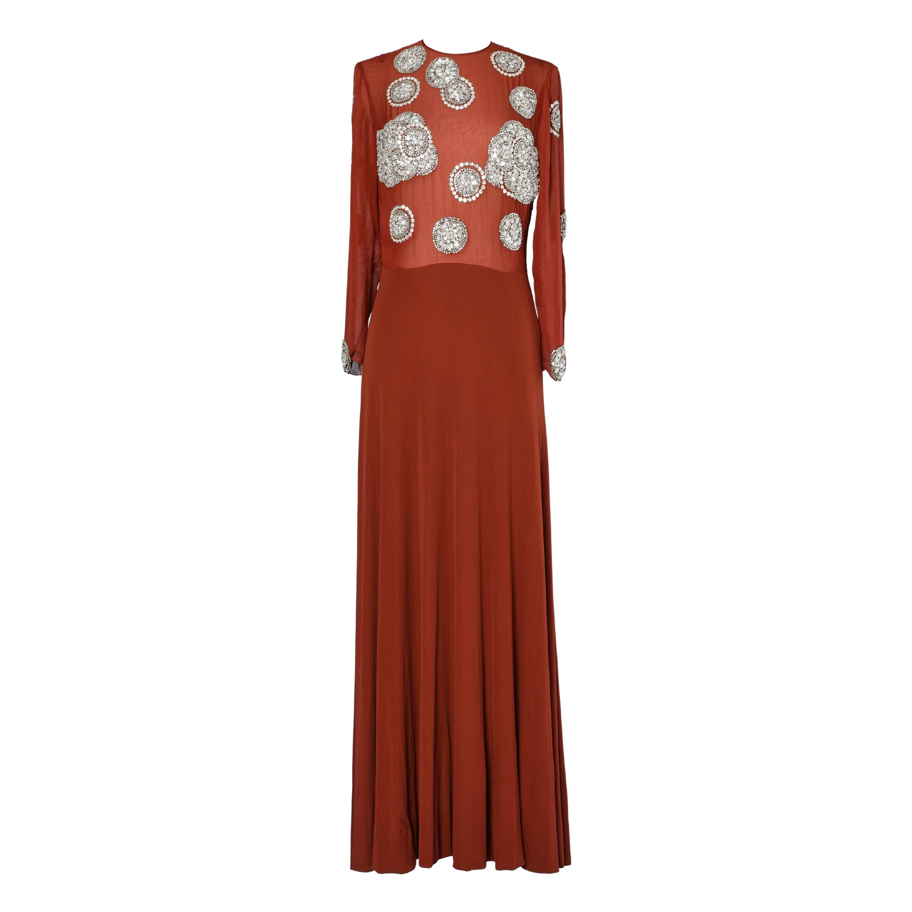 Evening dress in brown chiffon and jersey with rhinestone embroidered Galanos