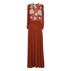 Evening dress in brown chiffon and jersey with rhinestone embroidered Galanos