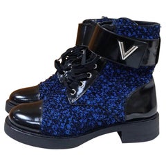 Louis Vuitton Black  Blue Tweed Wonderland Flat Ranger Boots