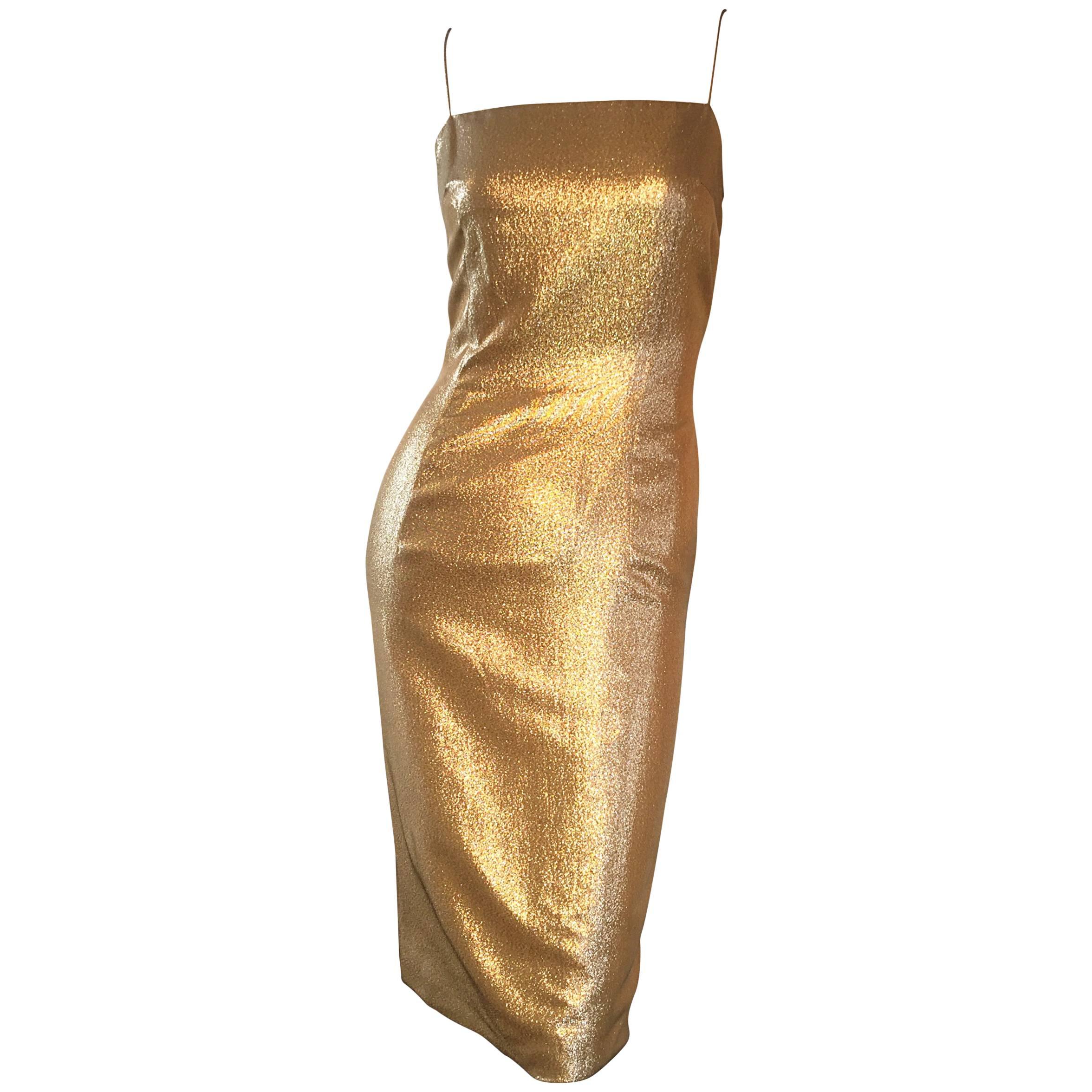 1950s Georgette Trilere for Bullocks Wilshire Gold Silk Metallic Wiggle Dress 