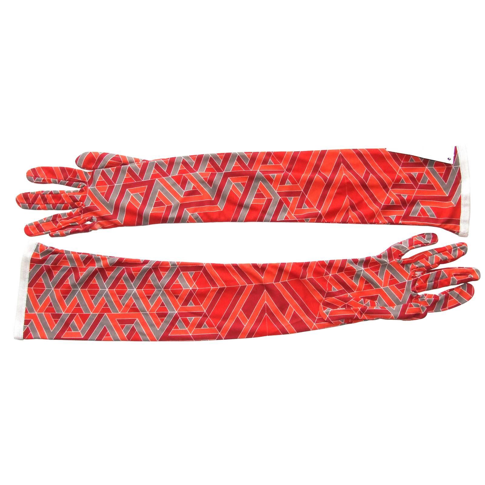 Hermes Long Silk Gloves Carre Cube Orange Red Grey Size M NWT
