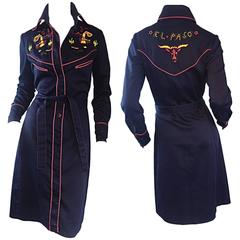 Rare 1970s Aristo Kat ' El Paso ' Beaded Navy Blue Western Retro Shirt Dress