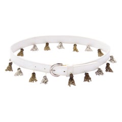 Maud Frizon Paris Used White Leather Belt With Gold & Silver Tassels