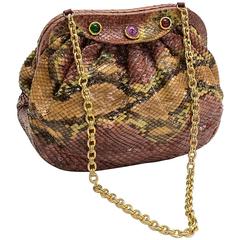 Chanel Rare Vintage Multi Color Snakeskin Cabochon Stones Evening Shoulder Bag