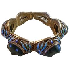 1920's CHINESE Cloisonne and Malachite Sterling Filigree Link Bracelet