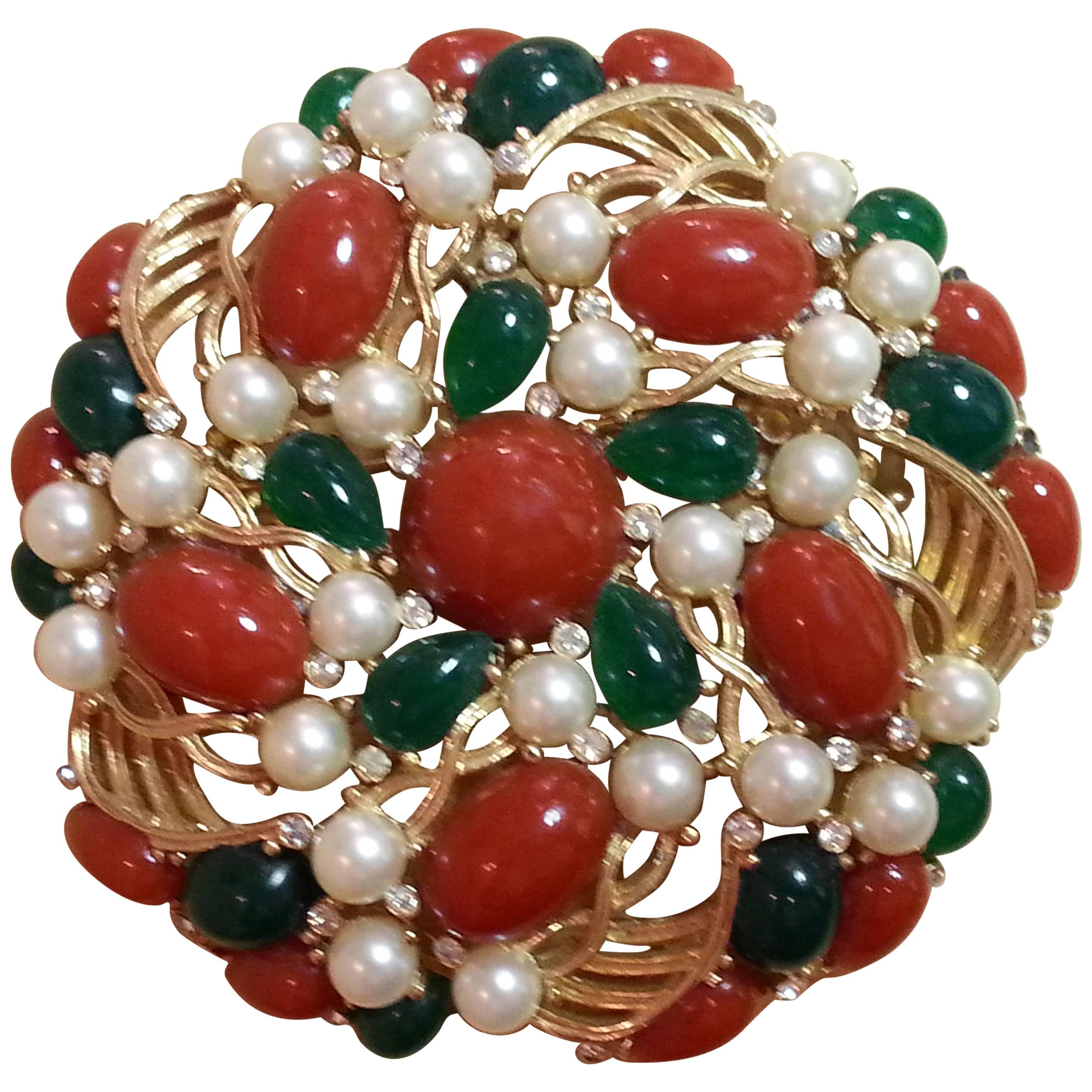 1960's TRIFARI Kashmir Faux Coral Emerald Pearl Large Circular Brooch