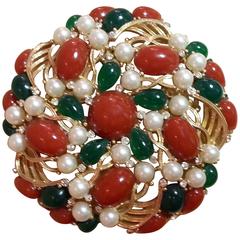 1960's TRIFARI Kashmir Faux Coral Emerald Pearl Large Circular Brooch