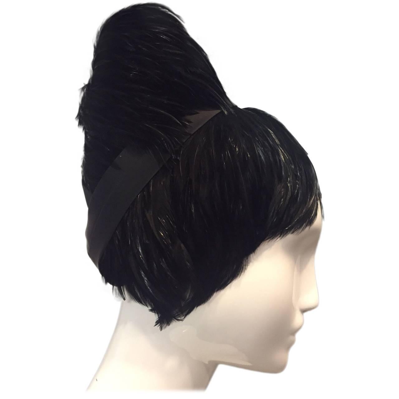 1960s Sonni of California Black Feathered Beehive Wig Hat