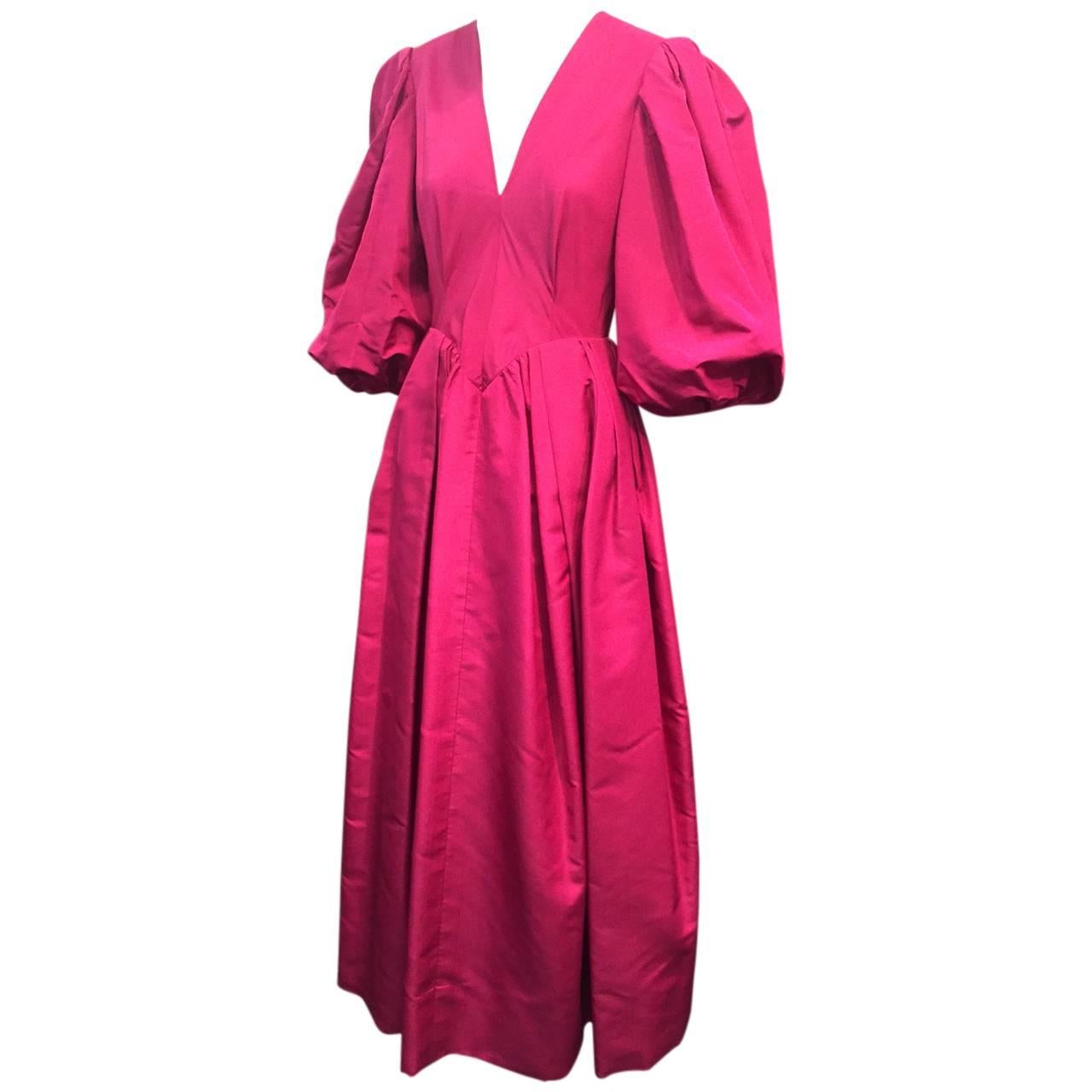1970s Pauline Trigere Fuchsia Silk Faille Evening Gown with Balloon Sleeves  For Sale