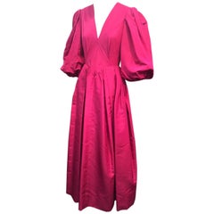 Retro 1970s Pauline Trigere Fuchsia Silk Faille Evening Gown with Balloon Sleeves 