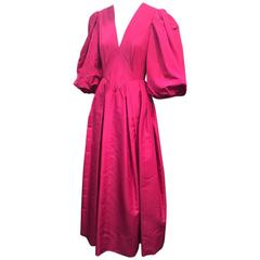 1970s Pauline Trigere Fuchsia Silk Faille Evening Gown with Balloon Sleeves 