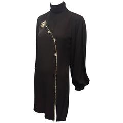 1980s James Galanos Black Silk Crepe Mini Dress w/ Rhinestone Flower and Slit 