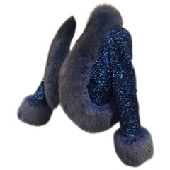 1960s  Cobalt Sequined Bolero Jacket w/ Blue Dyed Fox Trim
