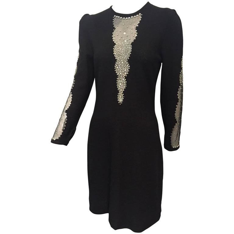 1970s Adolfo Black Knit Cocktail Dress w/ Deep Sheer and Rhinestone